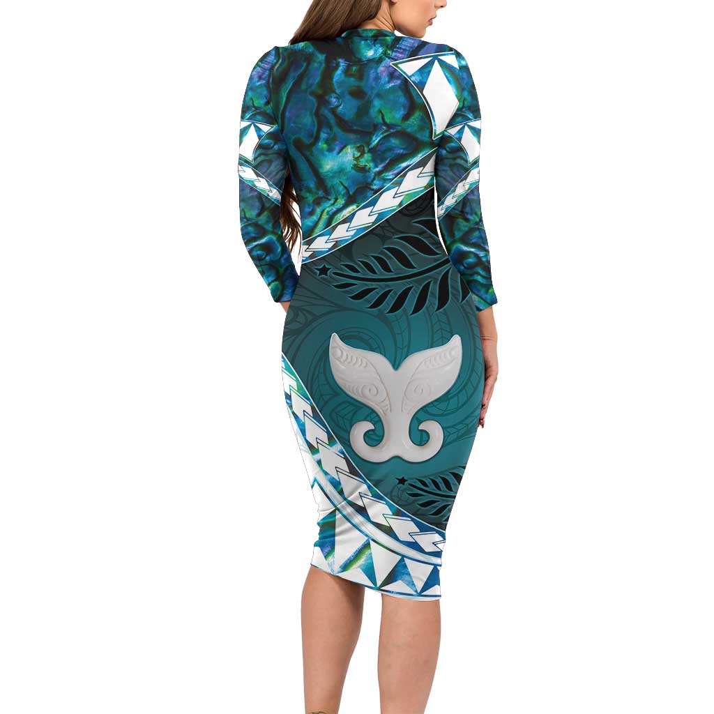 Aotearoa New Zealand Family Matching Long Sleeve Bodycon Dress and Hawaiian Shirt Maori Wera Paua Shell Teal Glitter LT05 - Polynesian Pride