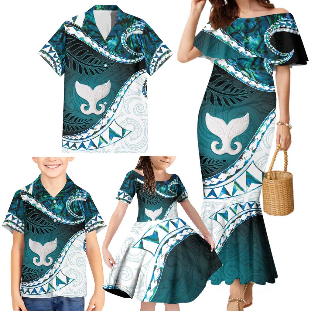 Aotearoa New Zealand Family Matching Mermaid Dress and Hawaiian Shirt Maori Wera Paua Shell Teal Glitter LT05 - Polynesian Pride