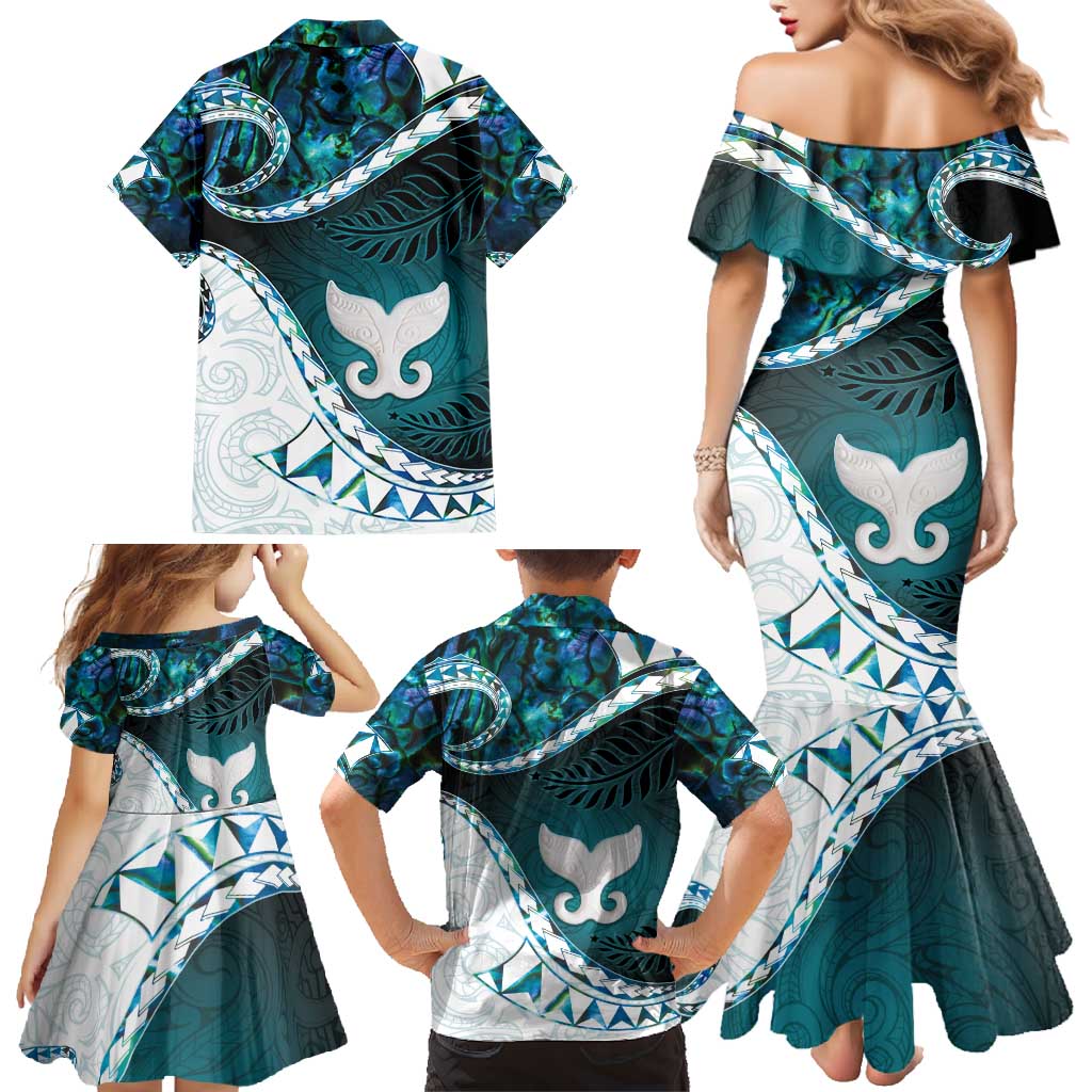 Aotearoa New Zealand Family Matching Mermaid Dress and Hawaiian Shirt Maori Wera Paua Shell Teal Glitter LT05 - Polynesian Pride