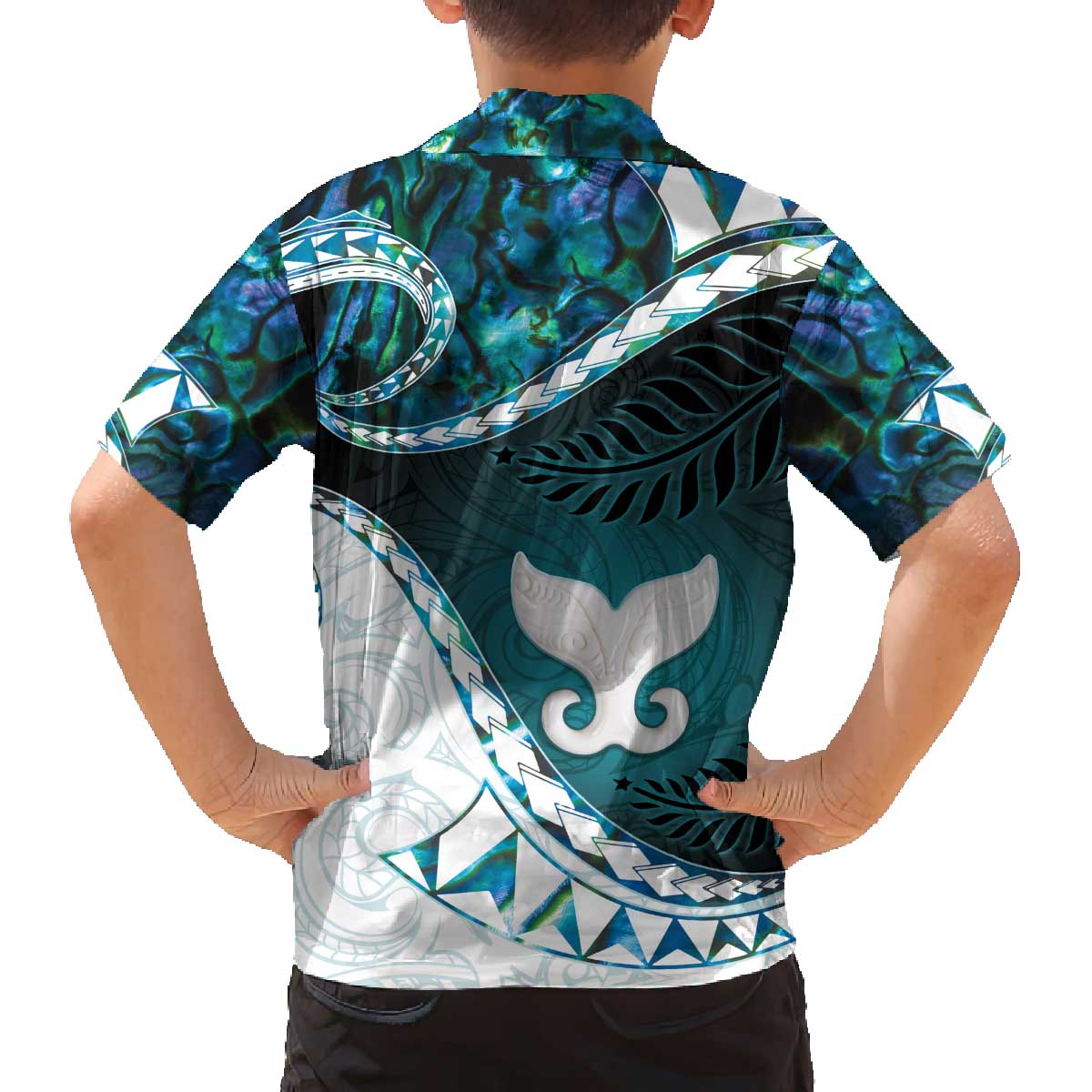 Aotearoa New Zealand Family Matching Off The Shoulder Long Sleeve Dress and Hawaiian Shirt Maori Wera Paua Shell Teal Glitter LT05 - Polynesian Pride
