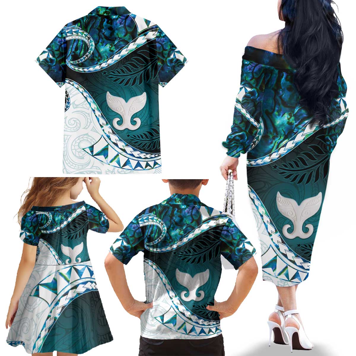 Aotearoa New Zealand Family Matching Off The Shoulder Long Sleeve Dress and Hawaiian Shirt Maori Wera Paua Shell Teal Glitter LT05 - Polynesian Pride