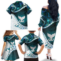 Aotearoa New Zealand Family Matching Off The Shoulder Long Sleeve Dress and Hawaiian Shirt Maori Wera Paua Shell Teal Glitter LT05 - Polynesian Pride