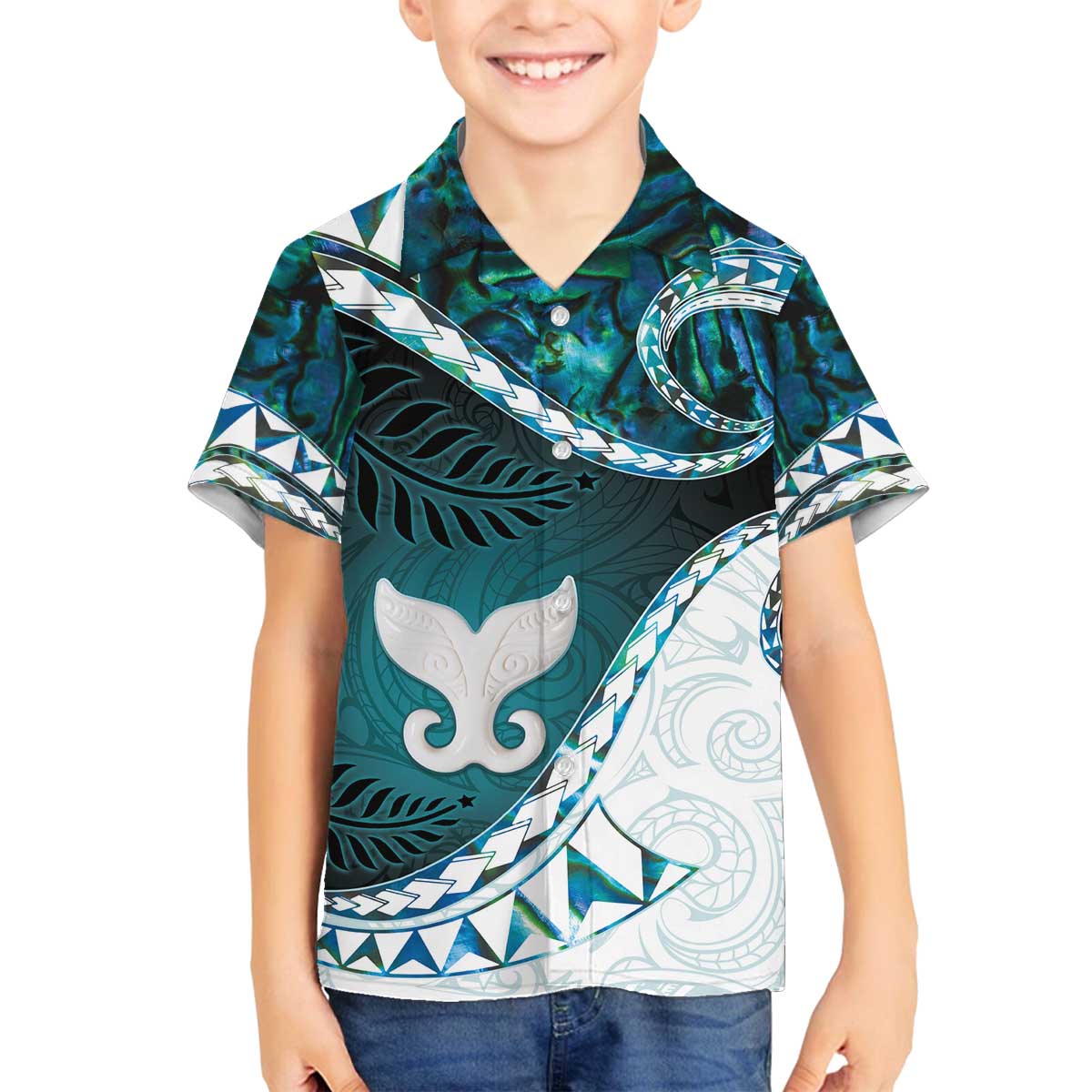 Aotearoa New Zealand Family Matching Off The Shoulder Long Sleeve Dress and Hawaiian Shirt Maori Wera Paua Shell Teal Glitter LT05 Son's Shirt Teal - Polynesian Pride