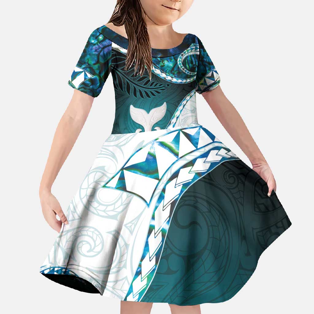 Aotearoa New Zealand Family Matching Off Shoulder Maxi Dress and Hawaiian Shirt Maori Wera Paua Shell Teal Glitter LT05 Daughter's Dress Teal - Polynesian Pride
