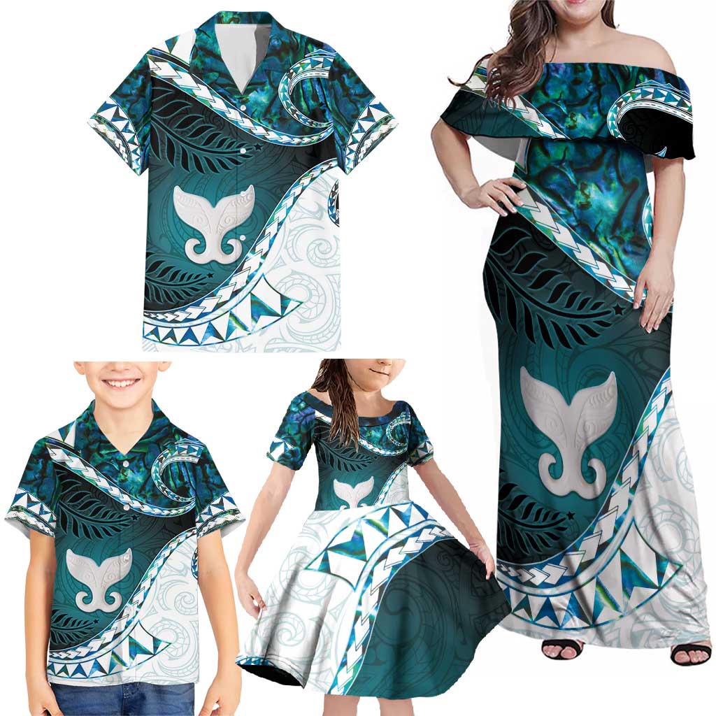Aotearoa New Zealand Family Matching Off Shoulder Maxi Dress and Hawaiian Shirt Maori Wera Paua Shell Teal Glitter LT05 - Polynesian Pride