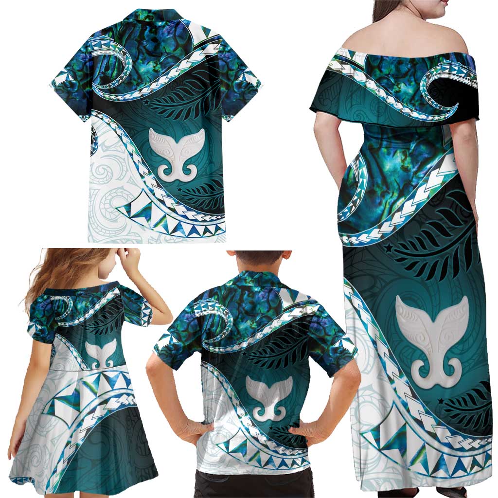 Aotearoa New Zealand Family Matching Off Shoulder Maxi Dress and Hawaiian Shirt Maori Wera Paua Shell Teal Glitter LT05 - Polynesian Pride