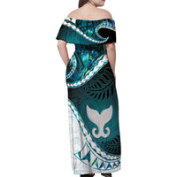 Aotearoa New Zealand Family Matching Off Shoulder Maxi Dress and Hawaiian Shirt Maori Wera Paua Shell Teal Glitter LT05 - Polynesian Pride