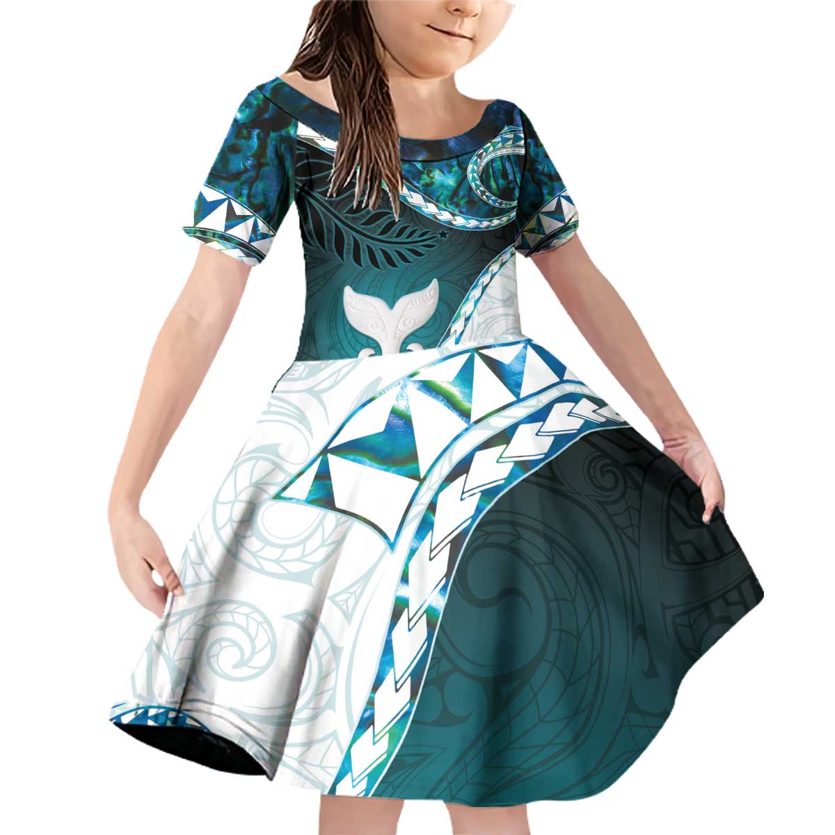 Aotearoa New Zealand Family Matching Off Shoulder Short Dress and Hawaiian Shirt Maori Wera Paua Shell Teal Glitter LT05 Daughter's Dress Teal - Polynesian Pride