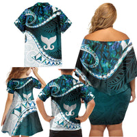 Aotearoa New Zealand Family Matching Off Shoulder Short Dress and Hawaiian Shirt Maori Wera Paua Shell Teal Glitter LT05 - Polynesian Pride