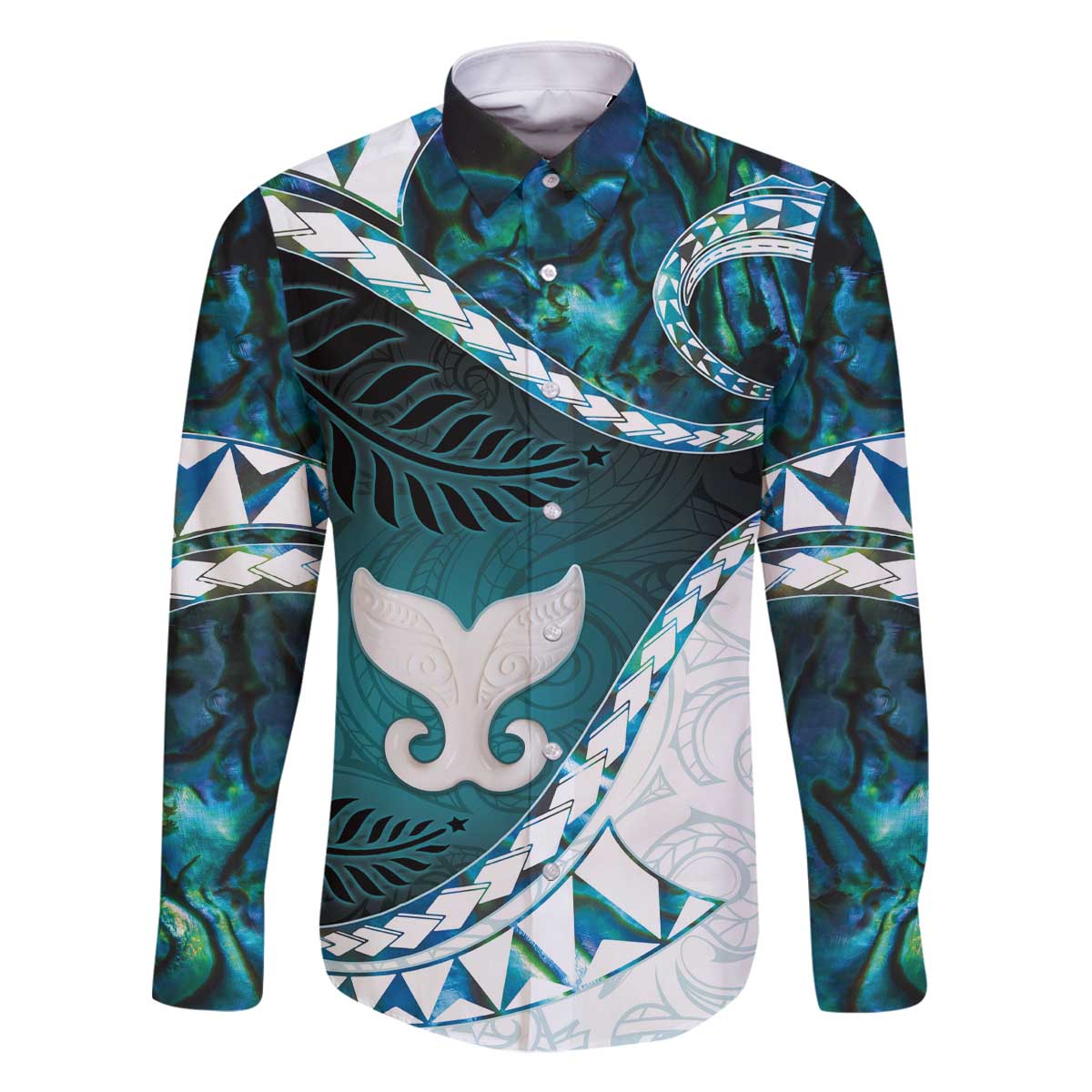 Aotearoa New Zealand Family Matching Off Shoulder Short Dress and Hawaiian Shirt Maori Wera Paua Shell Teal Glitter LT05 Dad's Shirt - Long Sleeve Teal - Polynesian Pride