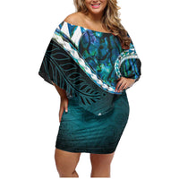 Aotearoa New Zealand Family Matching Off Shoulder Short Dress and Hawaiian Shirt Maori Wera Paua Shell Teal Glitter LT05 Mom's Dress Teal - Polynesian Pride