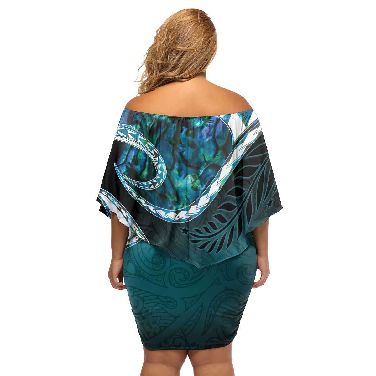 Aotearoa New Zealand Family Matching Off Shoulder Short Dress and Hawaiian Shirt Maori Wera Paua Shell Teal Glitter LT05 - Polynesian Pride