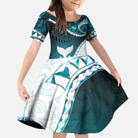 Aotearoa New Zealand Family Matching Short Sleeve Bodycon Dress and Hawaiian Shirt Maori Wera Paua Shell Teal Glitter LT05 Daughter's Dress Teal - Polynesian Pride