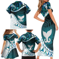 Aotearoa New Zealand Family Matching Short Sleeve Bodycon Dress and Hawaiian Shirt Maori Wera Paua Shell Teal Glitter LT05 - Polynesian Pride