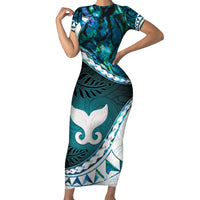 Aotearoa New Zealand Family Matching Short Sleeve Bodycon Dress and Hawaiian Shirt Maori Wera Paua Shell Teal Glitter LT05 Mom's Dress Teal - Polynesian Pride