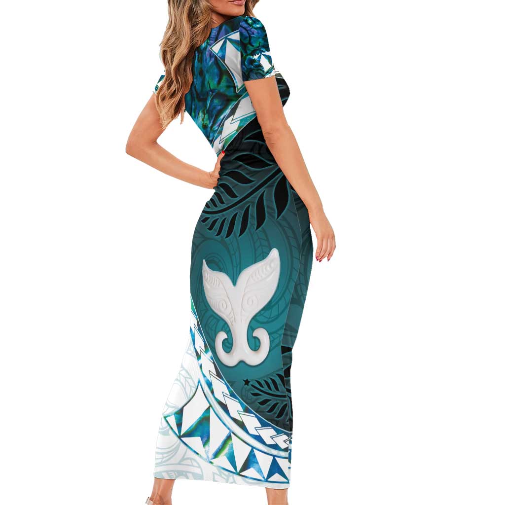 Aotearoa New Zealand Family Matching Short Sleeve Bodycon Dress and Hawaiian Shirt Maori Wera Paua Shell Teal Glitter LT05 - Polynesian Pride