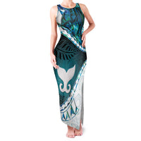 Aotearoa New Zealand Family Matching Tank Maxi Dress and Hawaiian Shirt Maori Wera Paua Shell Teal Glitter LT05 Mom's Dress Teal - Polynesian Pride