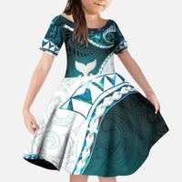 Aotearoa New Zealand Kid Short Sleeve Dress Maori Wera Paua Shell Teal Glitter LT05 KID Teal - Polynesian Pride
