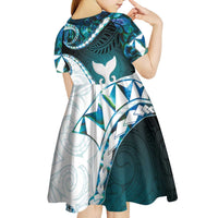 Aotearoa New Zealand Kid Short Sleeve Dress Maori Wera Paua Shell Teal Glitter LT05 - Polynesian Pride