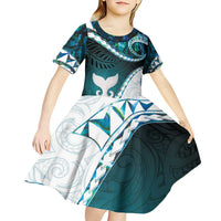 Aotearoa New Zealand Kid Short Sleeve Dress Maori Wera Paua Shell Teal Glitter LT05 - Polynesian Pride
