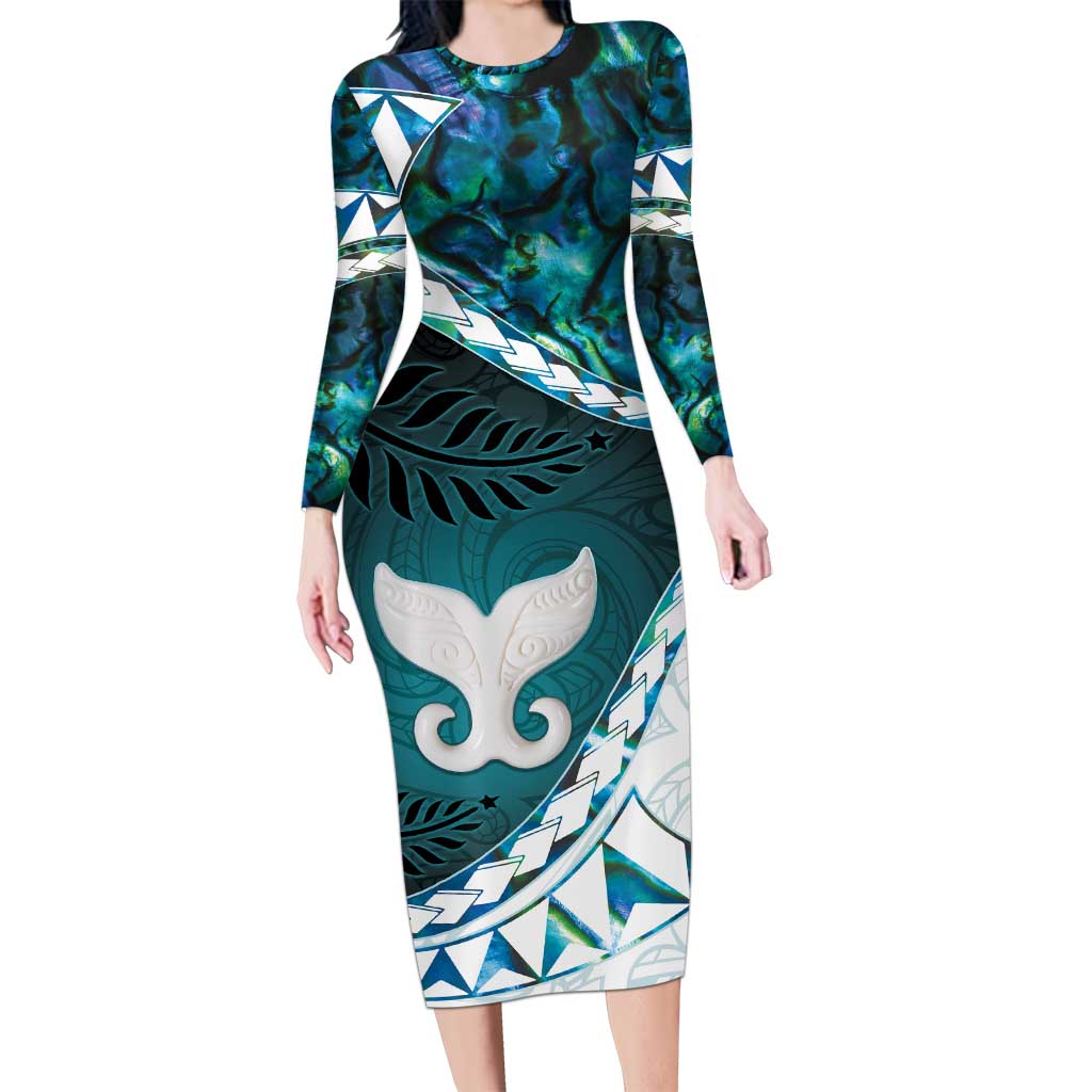 Aotearoa New Zealand Long Sleeve Bodycon Dress Maori Wera Paua Shell Teal Glitter LT05 Long Dress Teal - Polynesian Pride