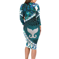 Aotearoa New Zealand Long Sleeve Bodycon Dress Maori Wera Paua Shell Teal Glitter LT05 - Polynesian Pride