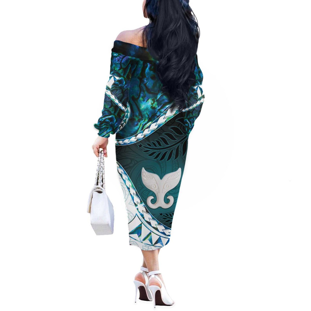Aotearoa New Zealand Off The Shoulder Long Sleeve Dress Maori Wera Paua Shell Teal Glitter LT05 - Polynesian Pride