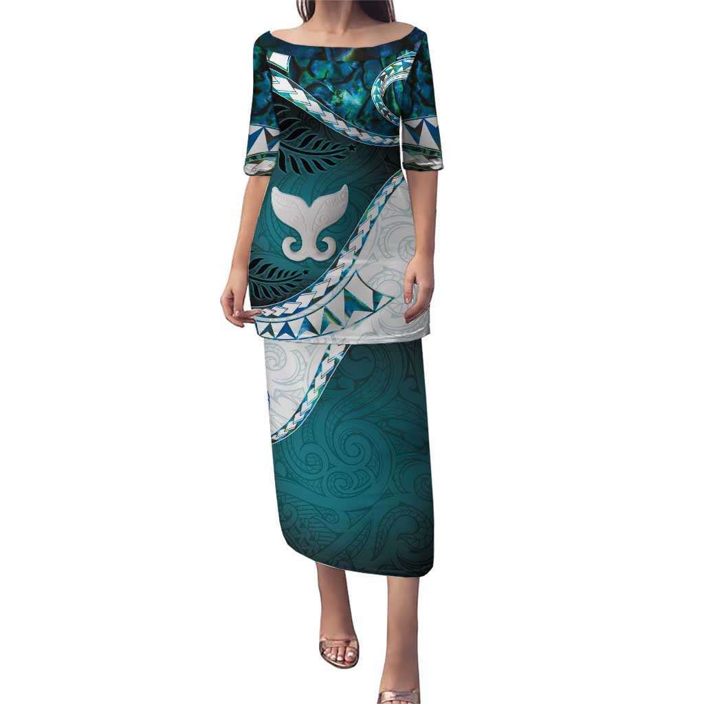 Aotearoa New Zealand Puletasi Maori Wera Paua Shell Teal Glitter LT05 Long Dress Teal - Polynesian Pride