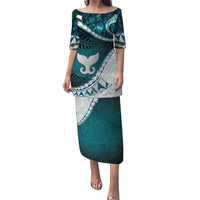 Aotearoa New Zealand Puletasi Maori Wera Paua Shell Teal Glitter LT05 Long Dress Teal - Polynesian Pride