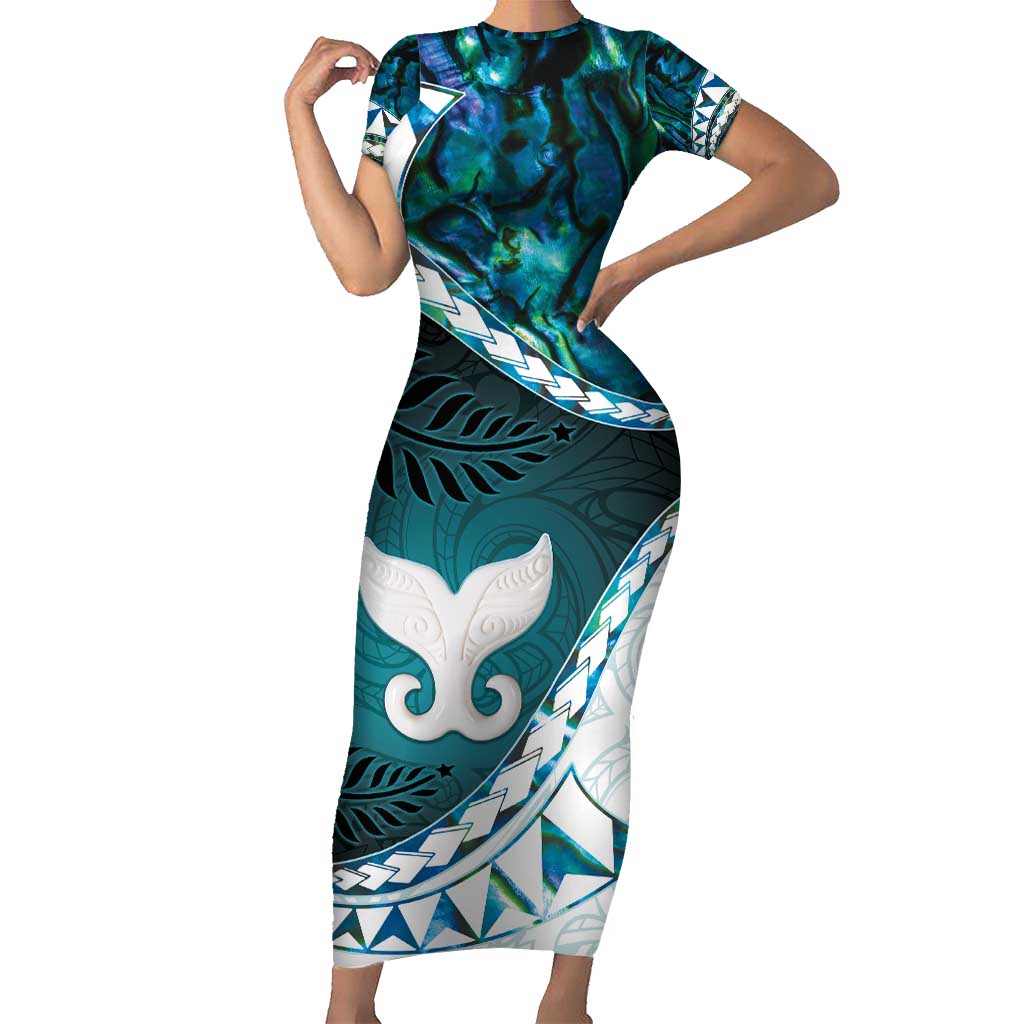Aotearoa New Zealand Short Sleeve Bodycon Dress Maori Wera Paua Shell Teal Glitter LT05 Long Dress Teal - Polynesian Pride
