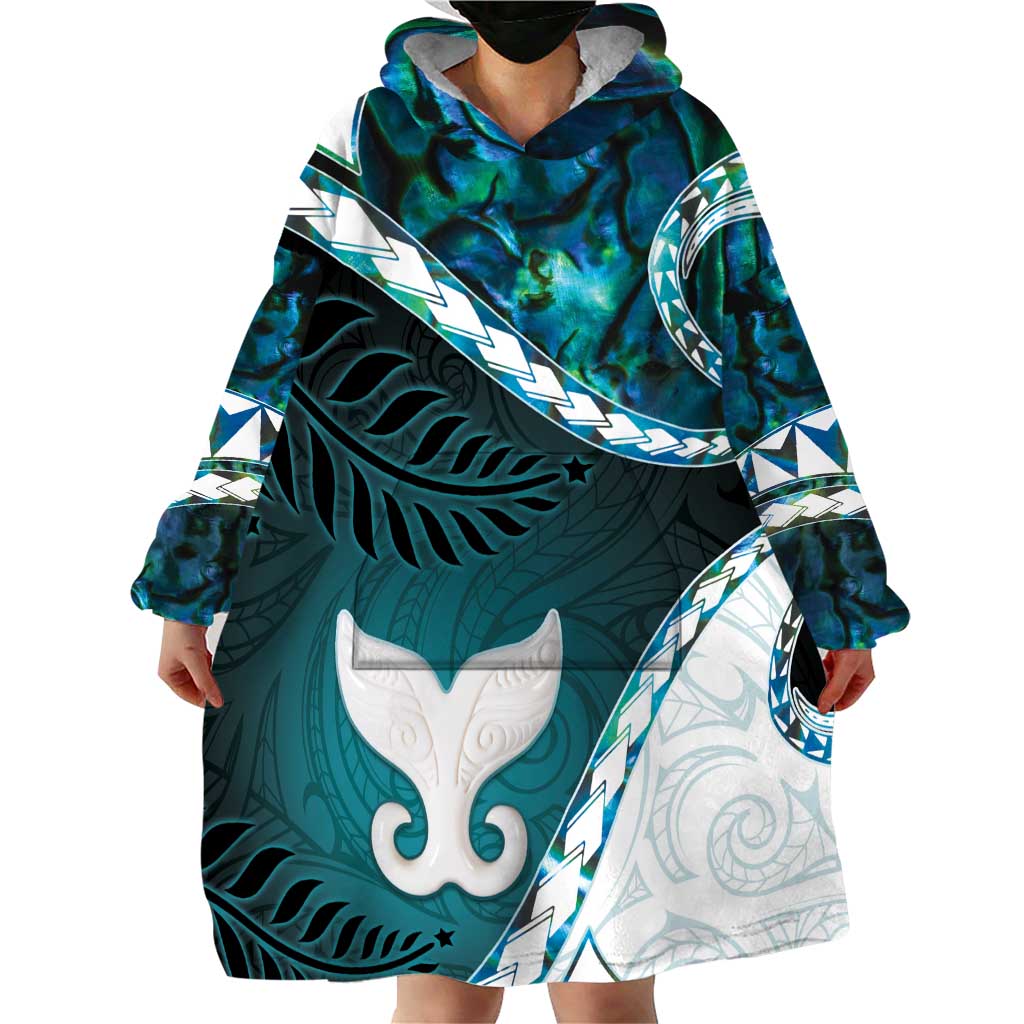 Aotearoa New Zealand Wearable Blanket Hoodie Maori Wera Paua Shell Teal Glitter LT05 - Polynesian Pride