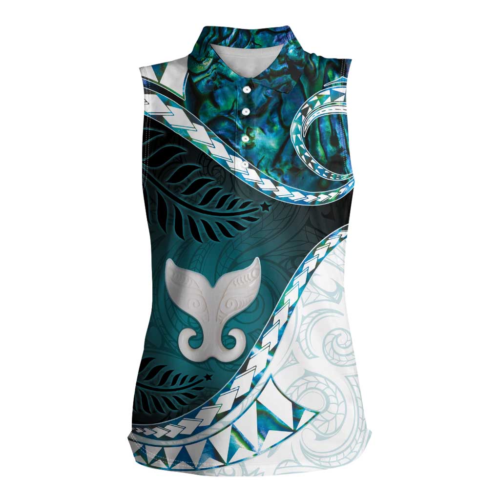 Aotearoa New Zealand Women Sleeveless Polo Shirt Maori Wera Paua Shell Teal Glitter LT05 Female Teal - Polynesian Pride