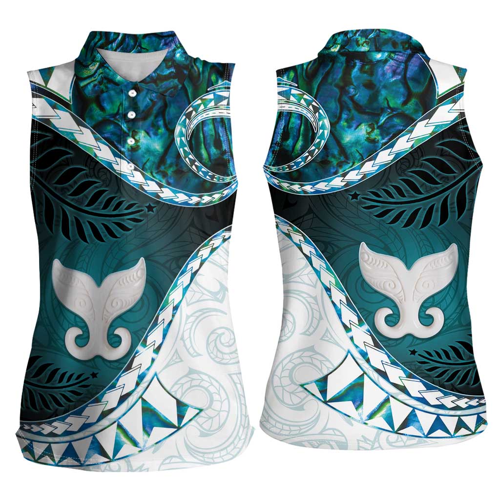 Aotearoa New Zealand Women Sleeveless Polo Shirt Maori Wera Paua Shell Teal Glitter LT05 - Polynesian Pride