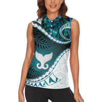 Aotearoa New Zealand Women Sleeveless Polo Shirt Maori Wera Paua Shell Teal Glitter LT05 - Polynesian Pride