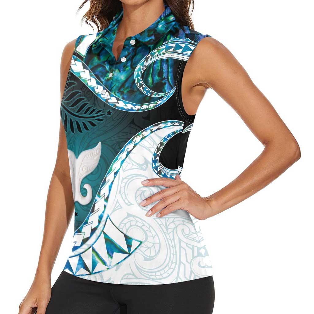 Aotearoa New Zealand Women Sleeveless Polo Shirt Maori Wera Paua Shell Teal Glitter LT05 - Polynesian Pride