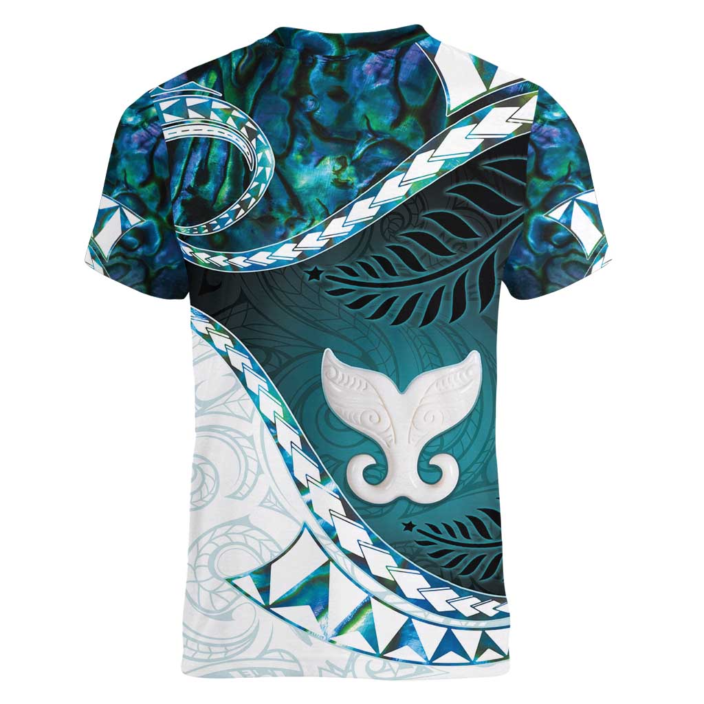Aotearoa New Zealand Women V-Neck T-Shirt Maori Wera Paua Shell Teal Glitter LT05 - Polynesian Pride
