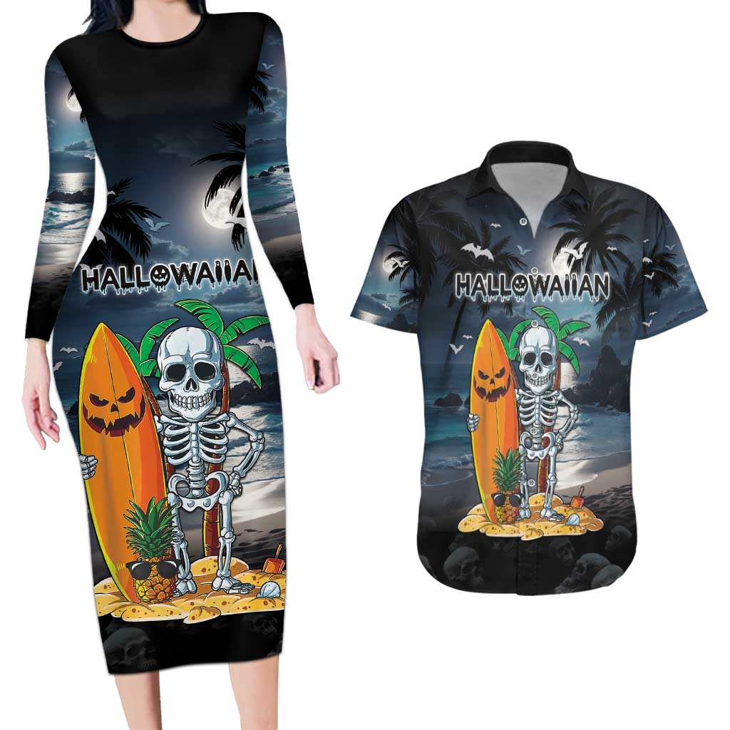 Personalised Hawaii Halloween Couples Matching Long Sleeve Bodycon Dress and Hawaiian Shirt Hallowaiian Skeleton Surf LT05 Black - Polynesian Pride