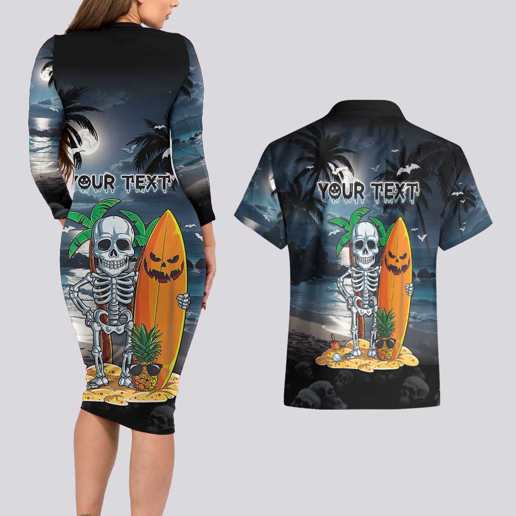 Personalised Hawaii Halloween Couples Matching Long Sleeve Bodycon Dress and Hawaiian Shirt Hallowaiian Skeleton Surf LT05 - Polynesian Pride