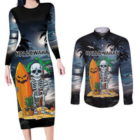 Personalised Hawaii Halloween Couples Matching Long Sleeve Bodycon Dress and Long Sleeve Button Shirt Hallowaiian Skeleton Surf LT05 Black - Polynesian Pride