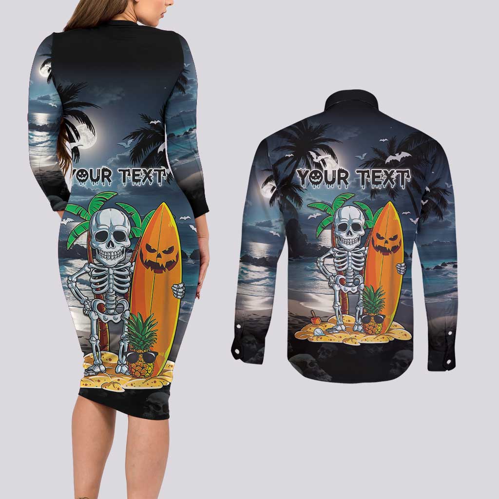 Personalised Hawaii Halloween Couples Matching Long Sleeve Bodycon Dress and Long Sleeve Button Shirt Hallowaiian Skeleton Surf LT05 - Polynesian Pride