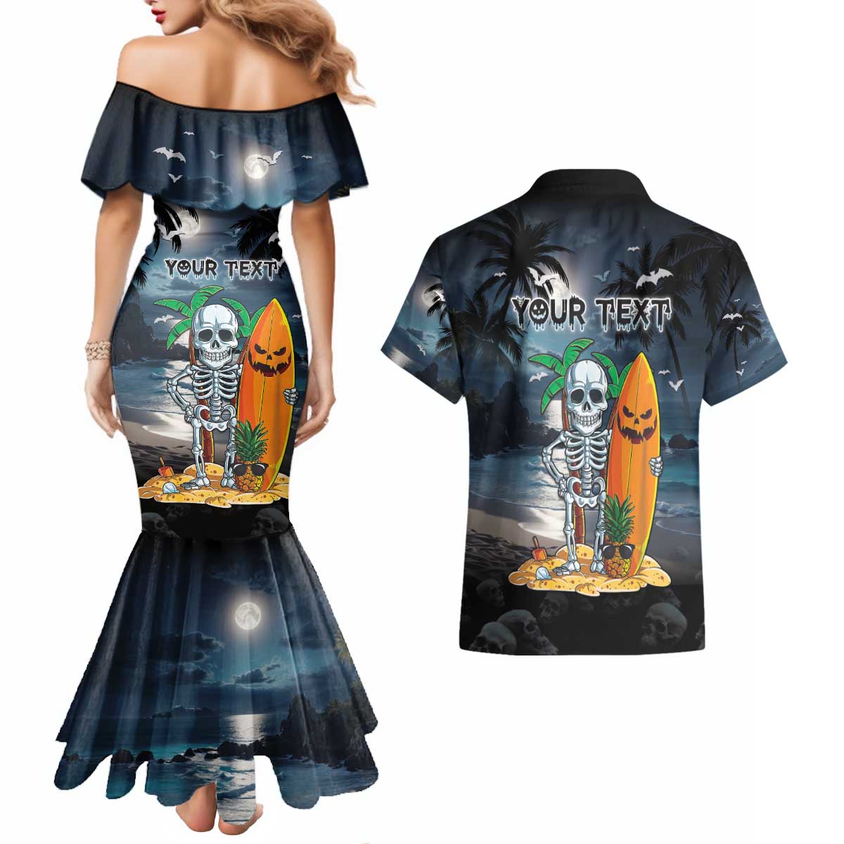 Personalised Hawaii Halloween Couples Matching Mermaid Dress and Hawaiian Shirt Hallowaiian Skeleton Surf LT05 - Polynesian Pride