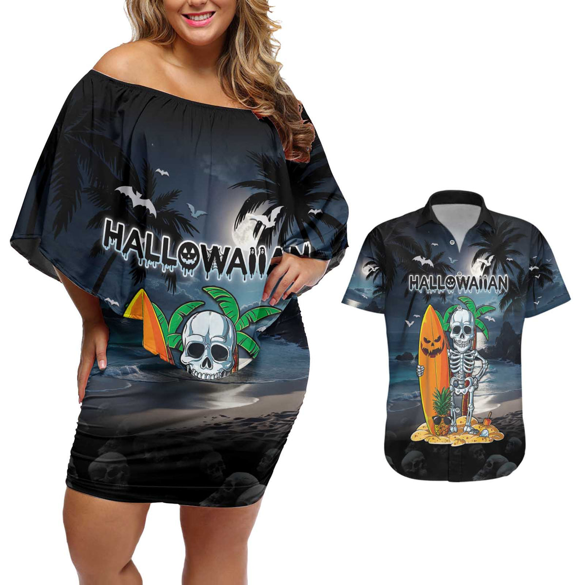 Personalised Hawaii Halloween Couples Matching Off Shoulder Short Dress and Hawaiian Shirt Hallowaiian Skeleton Surf