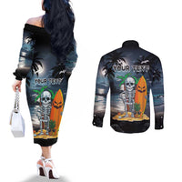 Personalised Hawaii Halloween Couples Matching Off The Shoulder Long Sleeve Dress and Long Sleeve Button Shirt Hallowaiian Skeleton Surf LT05 - Polynesian Pride