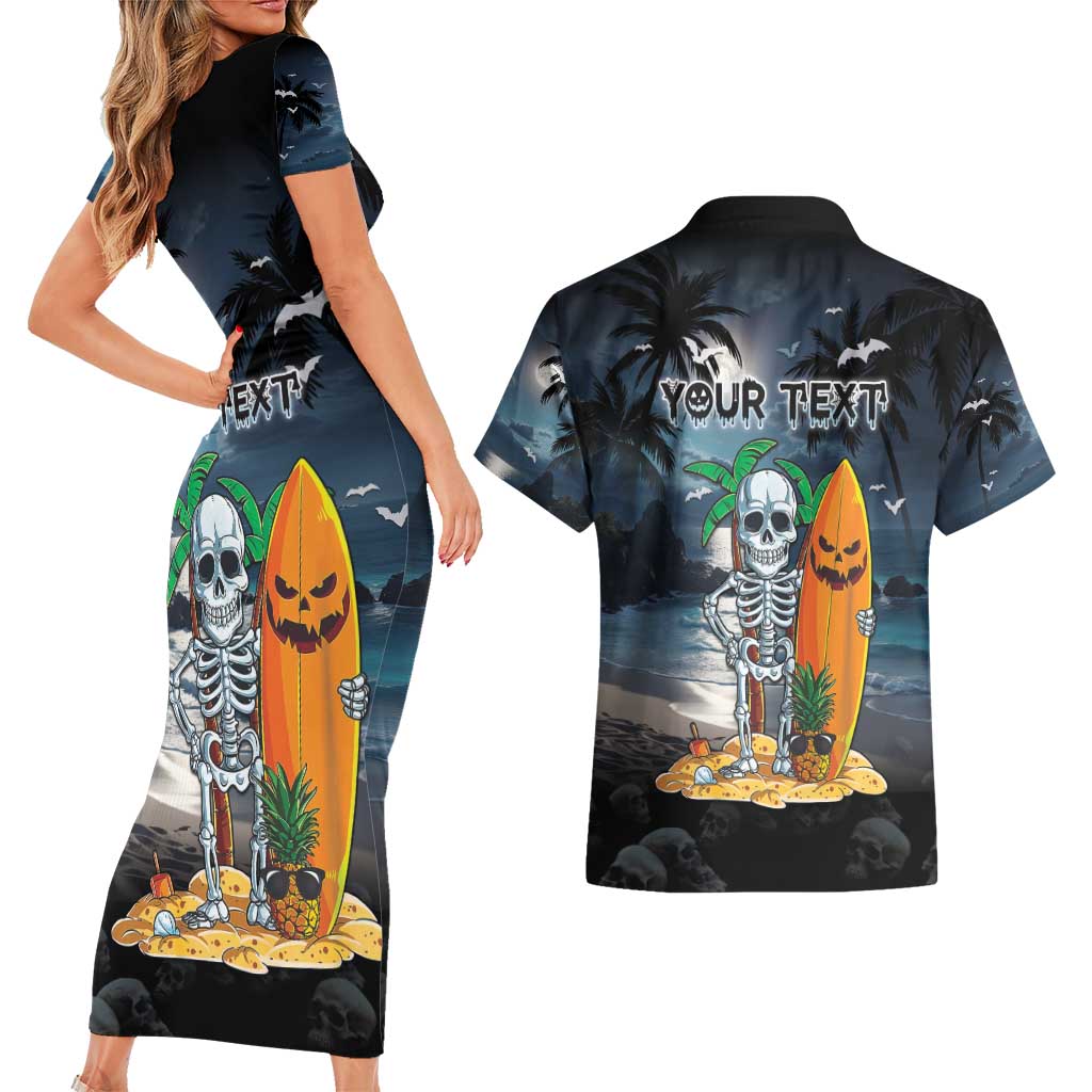 Personalised Hawaii Halloween Couples Matching Short Sleeve Bodycon Dress and Hawaiian Shirt Hallowaiian Skeleton Surf LT05 - Polynesian Pride