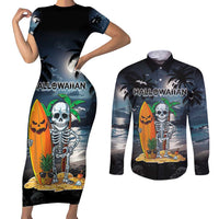 Personalised Hawaii Halloween Couples Matching Short Sleeve Bodycon Dress and Long Sleeve Button Shirt Hallowaiian Skeleton Surf LT05 Black - Polynesian Pride