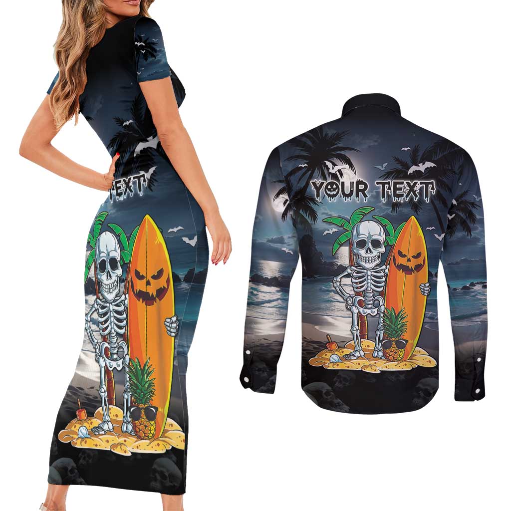 Personalised Hawaii Halloween Couples Matching Short Sleeve Bodycon Dress and Long Sleeve Button Shirt Hallowaiian Skeleton Surf LT05 - Polynesian Pride