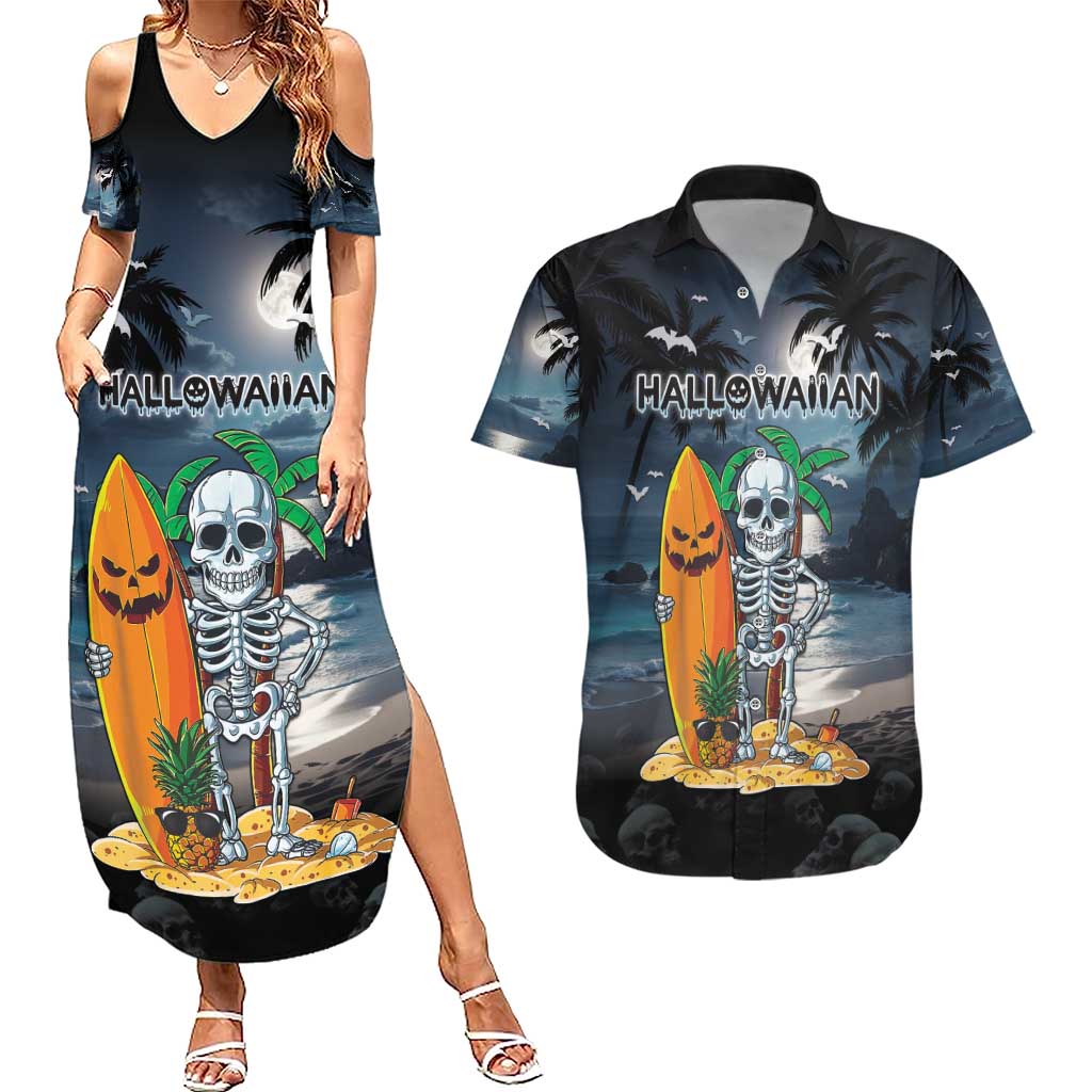 Personalised Hawaii Halloween Couples Matching Summer Maxi Dress and Hawaiian Shirt Hallowaiian Skeleton Surf