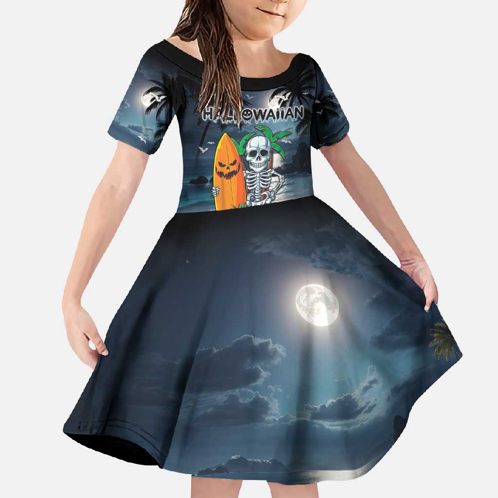 Personalised Hawaii Halloween Family Matching Long Sleeve Bodycon Dress and Hawaiian Shirt Hallowaiian Skeleton Surf LT05 Daughter's Dress Black - Polynesian Pride