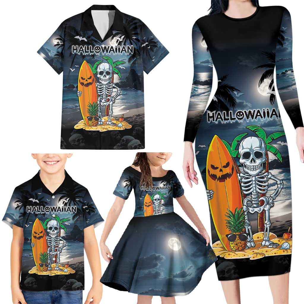 Personalised Hawaii Halloween Family Matching Long Sleeve Bodycon Dress and Hawaiian Shirt Hallowaiian Skeleton Surf LT05 - Polynesian Pride