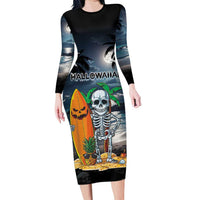 Personalised Hawaii Halloween Family Matching Long Sleeve Bodycon Dress and Hawaiian Shirt Hallowaiian Skeleton Surf LT05 Mom's Dress Black - Polynesian Pride